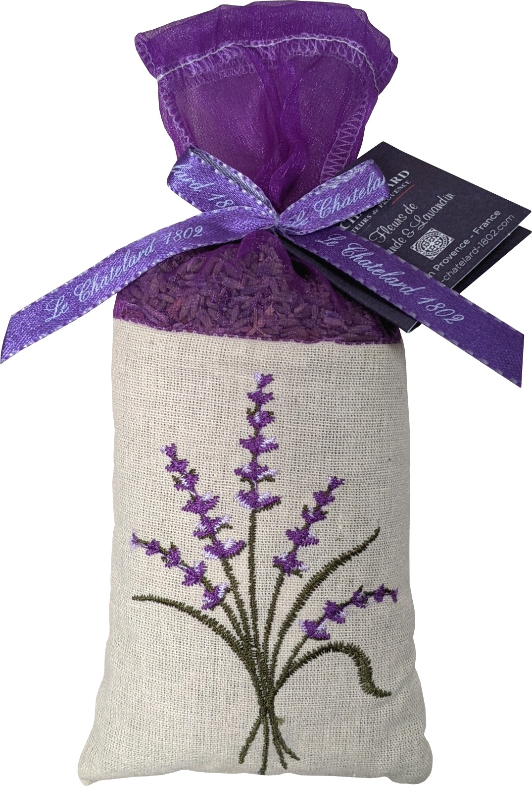 Lavendelblüten im besticktem Organza- & Leinensäckchen, 50 g